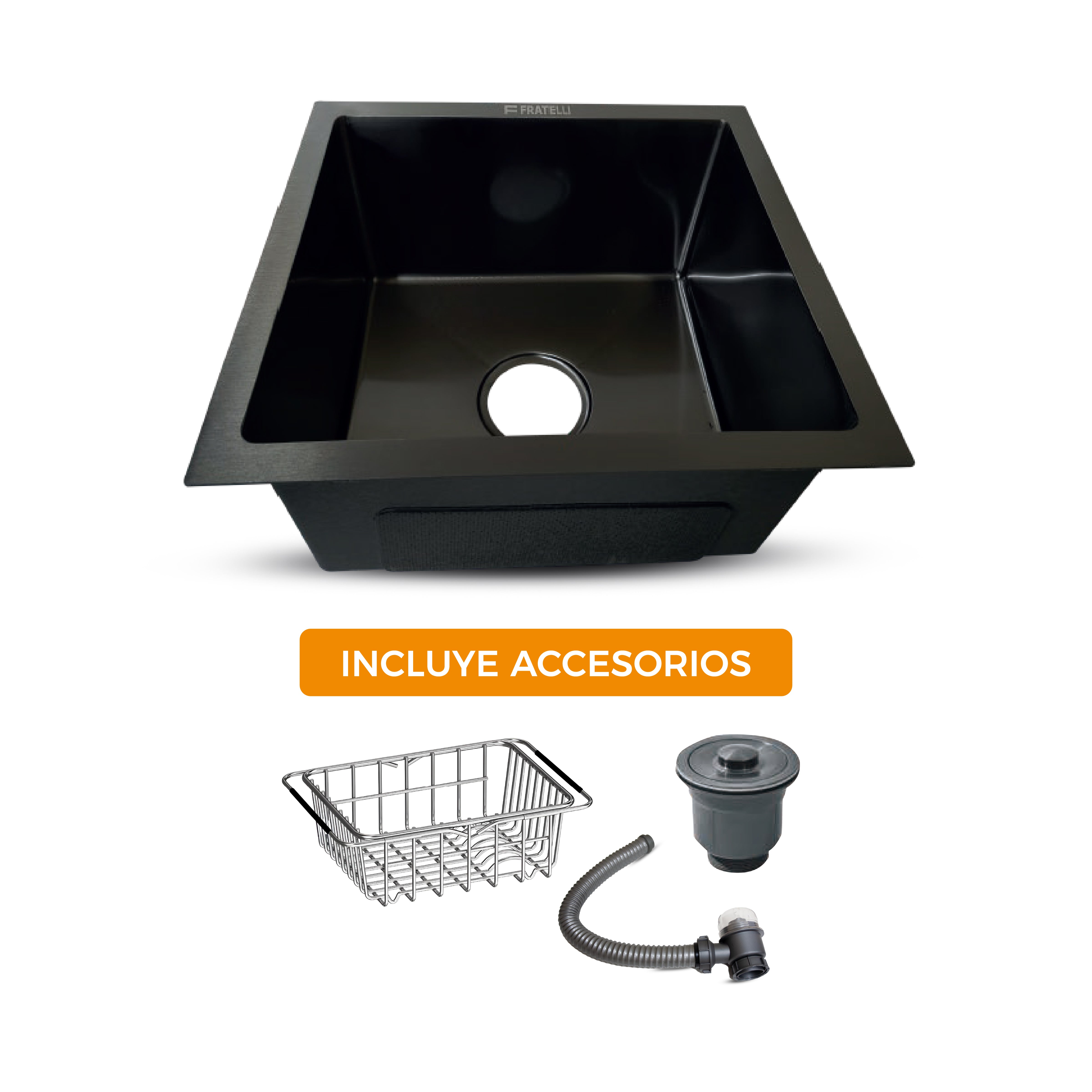 Prm-4339B Lavadero Prime De Acero Inox. Black C/Desague Y Canastilla 43X39X23Cm - Fratelli